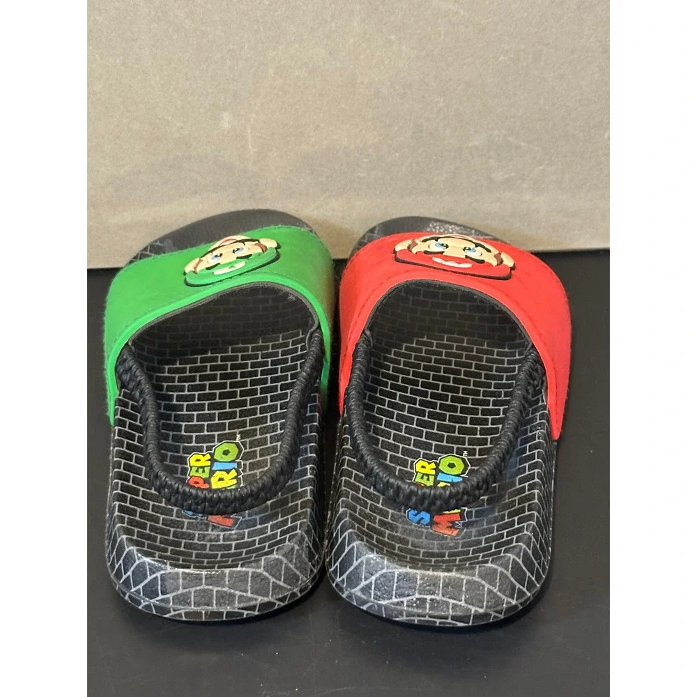 Nintendo Super Mario Luigi Kids Slide Sandals Red‎ Green Elastic Back Size 7/8